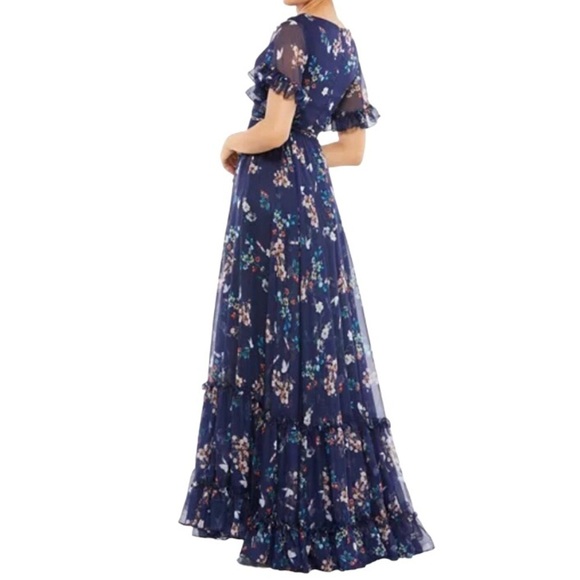 Mac Duggal Flounce Sleeve Floral Maxi Dress Navy Blue Size 12 V Neck Ruched - Picture 2 of 13